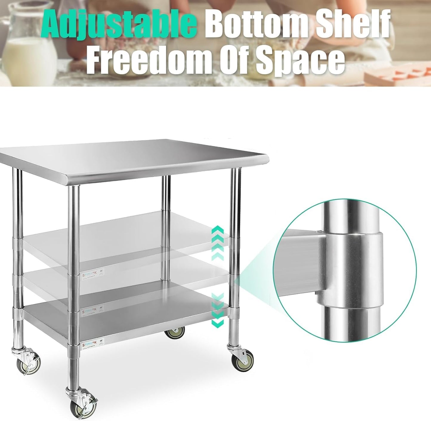 STABLEINK NSF Stainless Steel Prep Table with Wheels 30 x 36 Inches 3ft, Metal Workbench with Adjustable Lower Shelf, for Commercial Kitchen, Restaurant, Hotel, Laundry and Garage