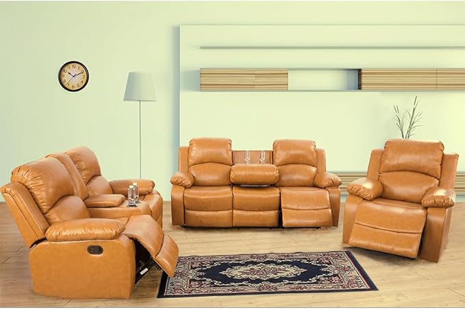 A Ainehome 3 Pieces Living Room Furniture Sets, Manual Leather Recliner Sofa Set with Storage, Reclining Couch Loveseat Chair Furniture Sofa Set for Living Room/Rv/House/Office
