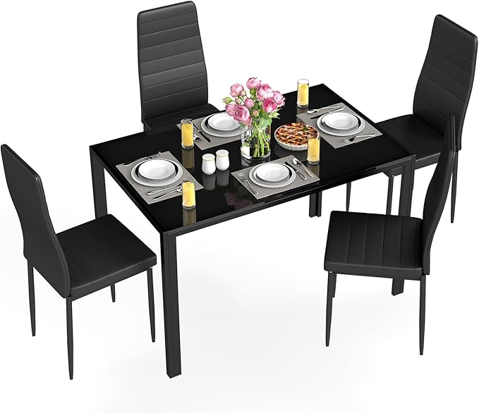 FDW | Dining Table Set for 4 | 5-Piece Glass Black Dining Table | Kitchen Table with 4 Upholstered Chairs and Faux Leather Cushions | Space-Saving and Modern Design | for Dining Room, Easy to Assemble
