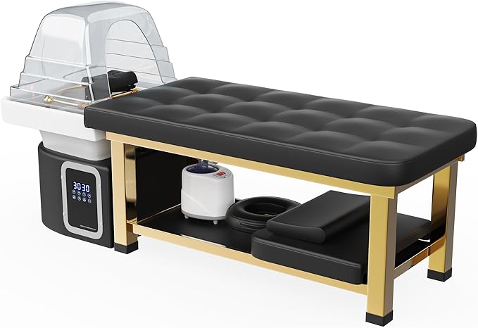 Hair Washing Head Spa Stationary Massage Table with Water Cycle & Fumigation Salon Equipment for Beauty Head Spa Physical Therapy Massage, Stainless Steel Gold Color-Plated Frame, PU Leather - Black