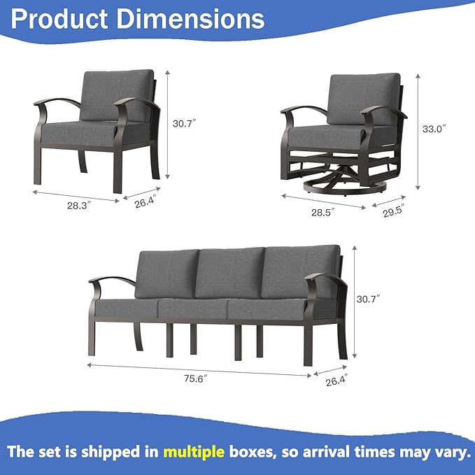 RTDTD Aluminum Outdoor Patio Furniture Set,7 Seats Patio Conversation Sets with Rectangular Coffee Table,Metal Patio Sectional Furniture Set with 2 Swivel Rocking Chairs,Grey