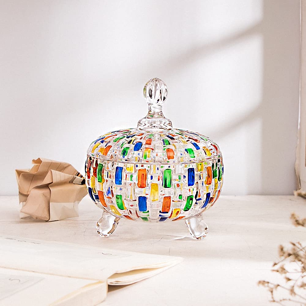 MAGCOLOR Elegant-Hand Painted Colorful Large Crystal Glass Candy Box,Candy jars with Lid,Storage Jewelry Jar,Candy dish covered,Great Gift for Family Friends-24 oz-Cute Candy servers.