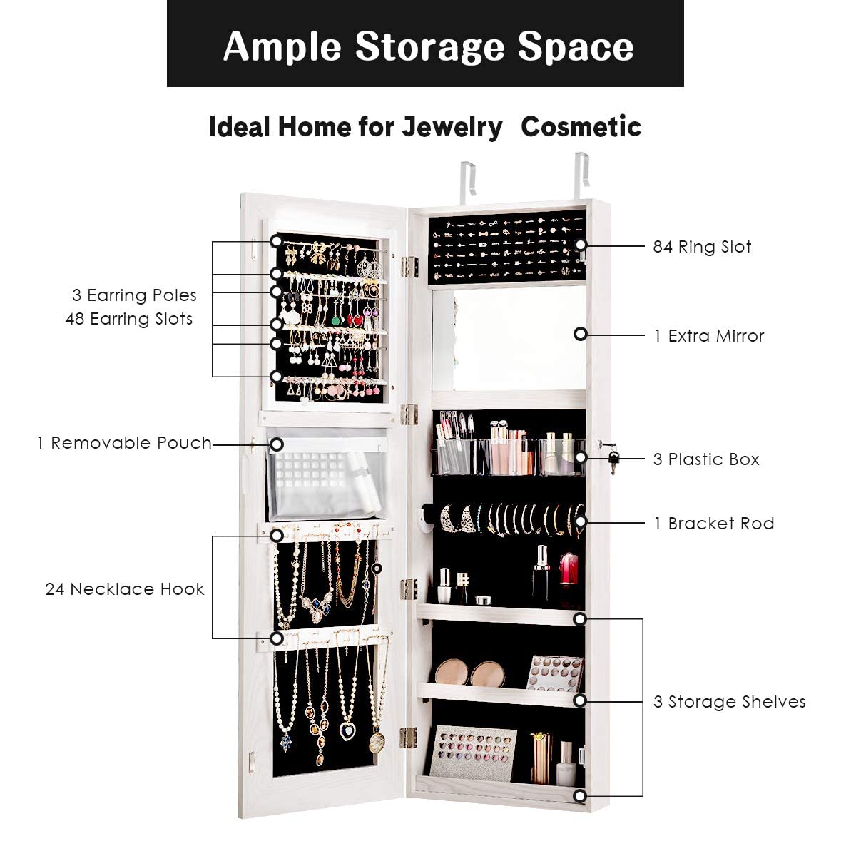 OFFICEJOY 47.5’’ Wall/Door Mounted Jewelry Mirror Cabinet with 3 Adjustable Height, Lockable Jewelry Armoire with LED Touch Screen Mirror, Makeup Full Length Mirrored Jewelry Organizer (White)