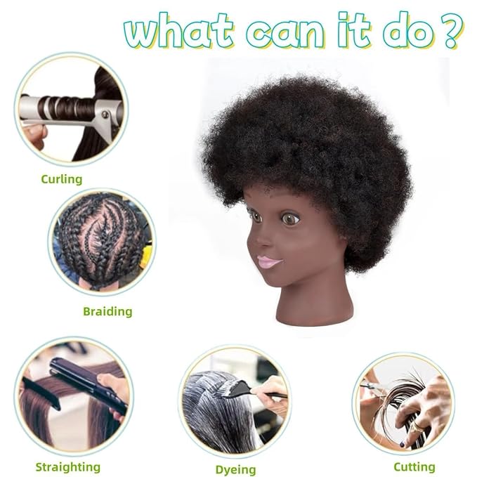 Mannequin Head Human Hair for Kids Braiding Hair, 8" Cosmetology Afro Kinky Curly Hair Mannequin Head Training Manikin Doll Head for Braiding Hair