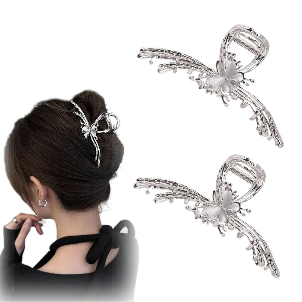 Sliver Butterfly Hair Clips - 4 Inch Metal Hair Claw Clips, Perfect Big Jaw Hair Clamps For Women And Lady,Strong Hold, Fashion