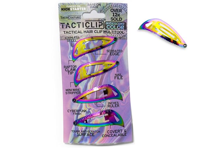 Iridescent Tactical Hair Clips 2.0, 4 Pack - Multitool Snap Barrettes - SUS301 Stainless Steel Multi-Functional Keychain M...