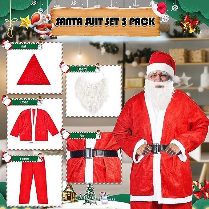 SORANGEUN Santa Claus Costume, Cost-effective 5pcs Santa Suit, Large Santa Costume for Men
