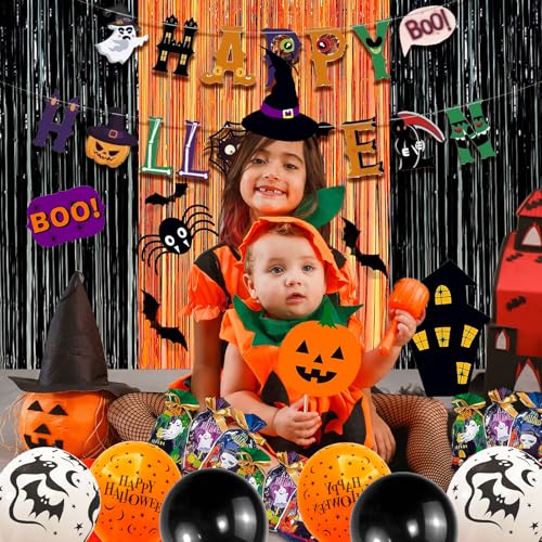 UJoyant 101 Pcs Halloween Party Decorations, Halloween Party Supplies - Ghost and Bat Pumpkin Banner, Multi Balloons, Pho...