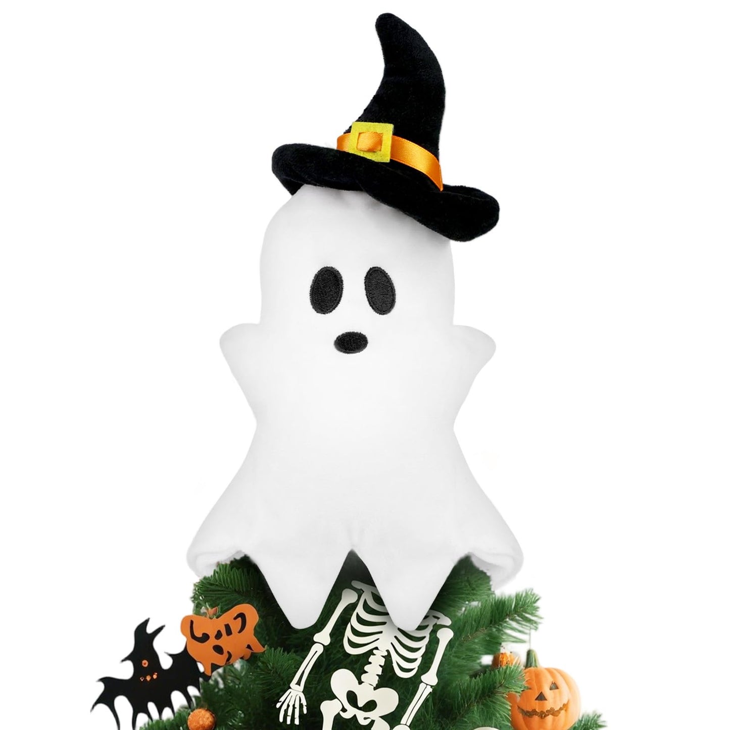 Halloween Christmas Tree Topper,Fall Ghost Elf Tree Topper,Cute with Black Hat Plush Stuffed White Ghost Tree Top Decor for Halloween Party Home Indoor/Outdoor Tree Topper Decoration