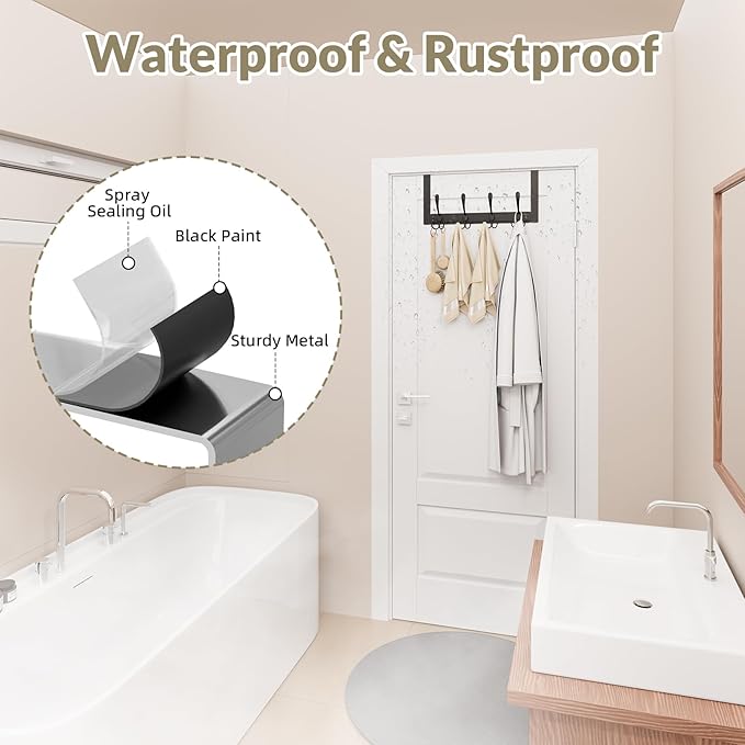 Heavy Duty Over The Door Hooks Rustproof - 25lb Over The Door Towel Rack, Over The Door Towel Hook, Door Hanger for Bathroom, Coat Rack Dorm Room Essentials (1Pack,Black)