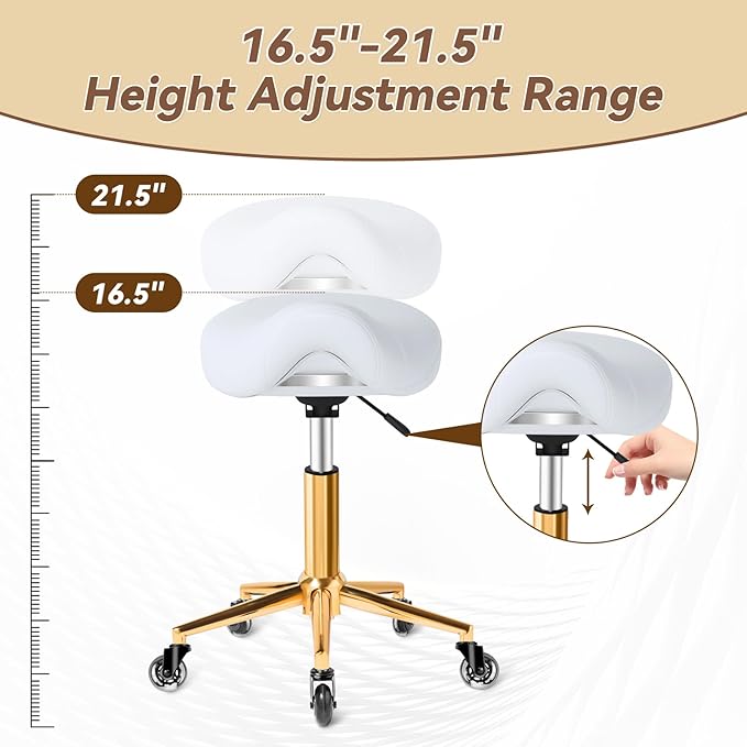 Saddle Stool with Wheels Ergonomic - Thick Wide Saddle Cushion, Healthy Posture No Pain, Easy to Adjust, Smooth Rolling No Creaky Noises, Rolling Swivel Saddle Stool Chair for Salon Massage (White)