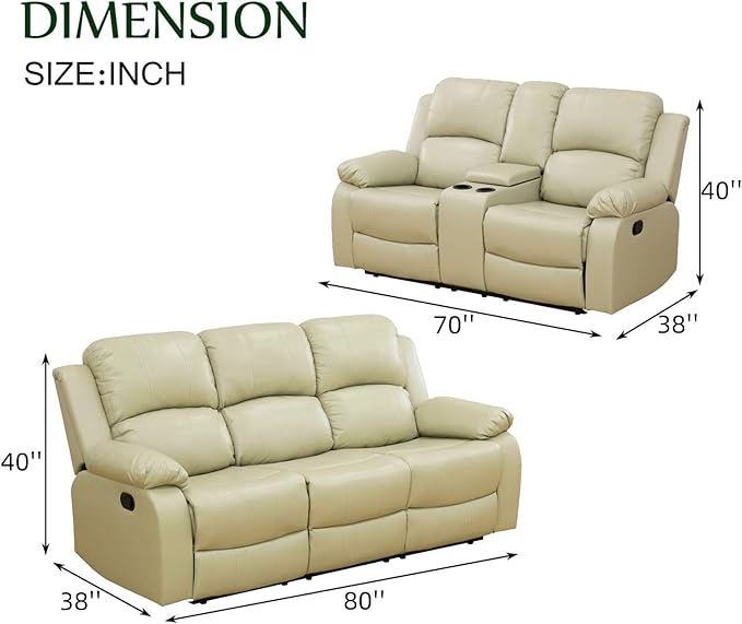 Caberryne 2 Pieces Leather Recliner Sofa Set，Recliner Sofa and Loveseat Sets for Living Room Furniture，Beige Reclining Couch with 4 Recliners for Living Room/Office/Theater Seating(Sofa Set 2 Pieces)