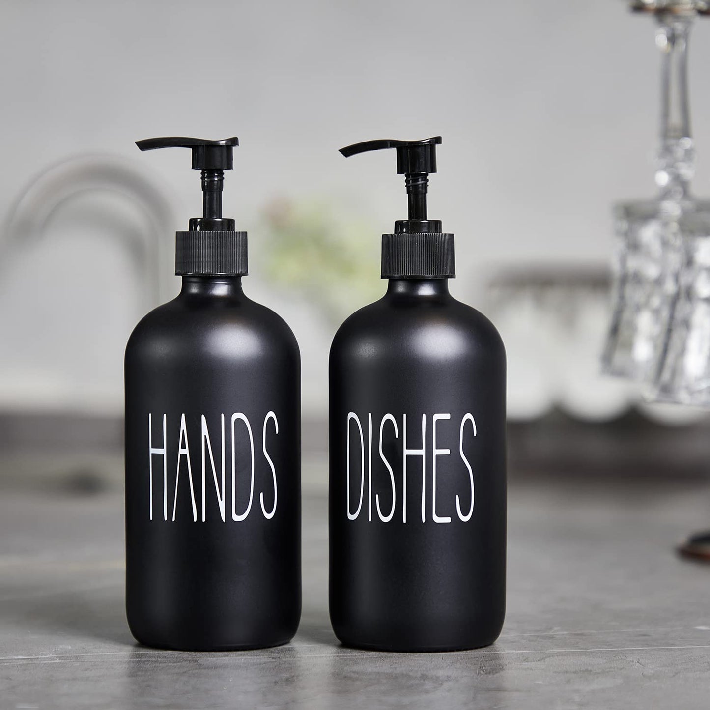 COHOSEGE Glass Soap Dispenser Set 2 Pack,Contains Hand and Dish Soap Dispenser.Premium 16 Oz Black Kitchen Soap Dispenser Set for Kitchen Sink and Farmhouse Decor