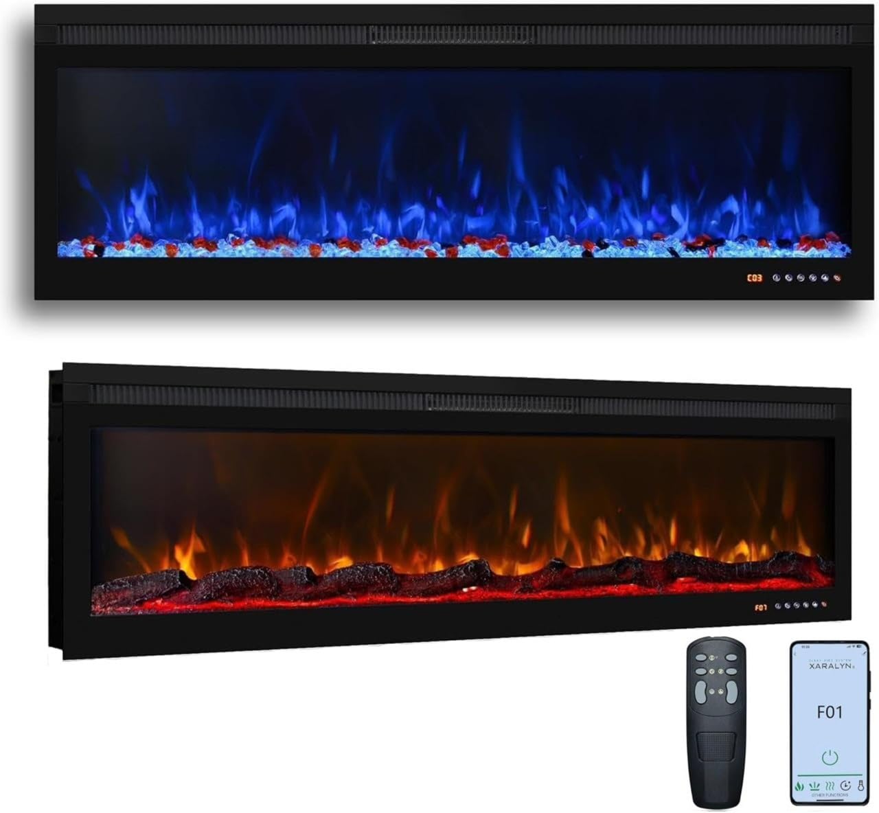 Weka Fireplace Wall Mounted and Recessed Electric Fireplace with App, Remote & Touch Screen, Log Set & Crystal, 13 Adjustable Flame Color, Thermostat, 1-9H Timer, 750w/1500w (72'')