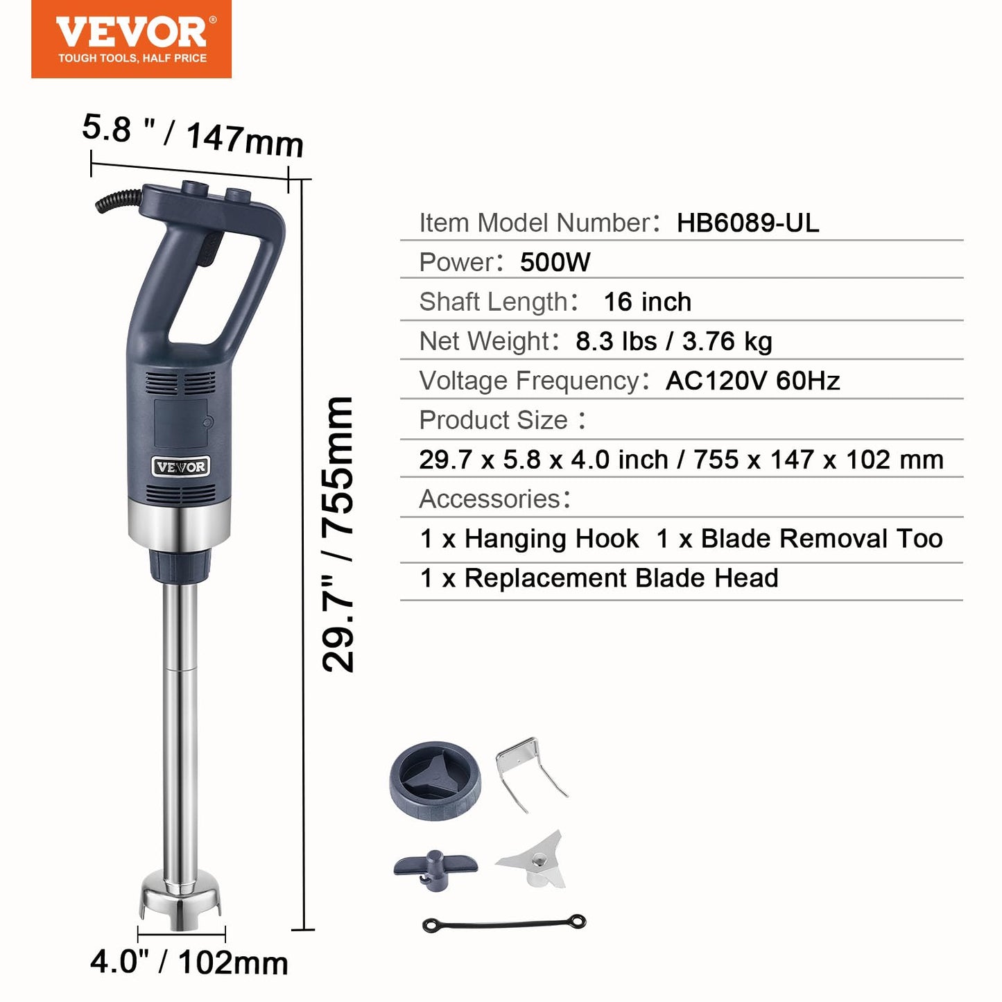 VEVOR Commercial Immersion Blender, 500W Heavy Duty Hand Mixer, 16 inch Stepless Variable Speed Mixer with Stainless Steel Blade, Multi-Purpose Portable Mixer for Soup, Sauces, Mashed Potatoes, Cream