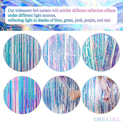 Iridescent Party Streamers Backdrop - GREATRIL Neon Transparent Holographic Tinsel Foil Fringe Curtain for Mermaid/Frozen/...