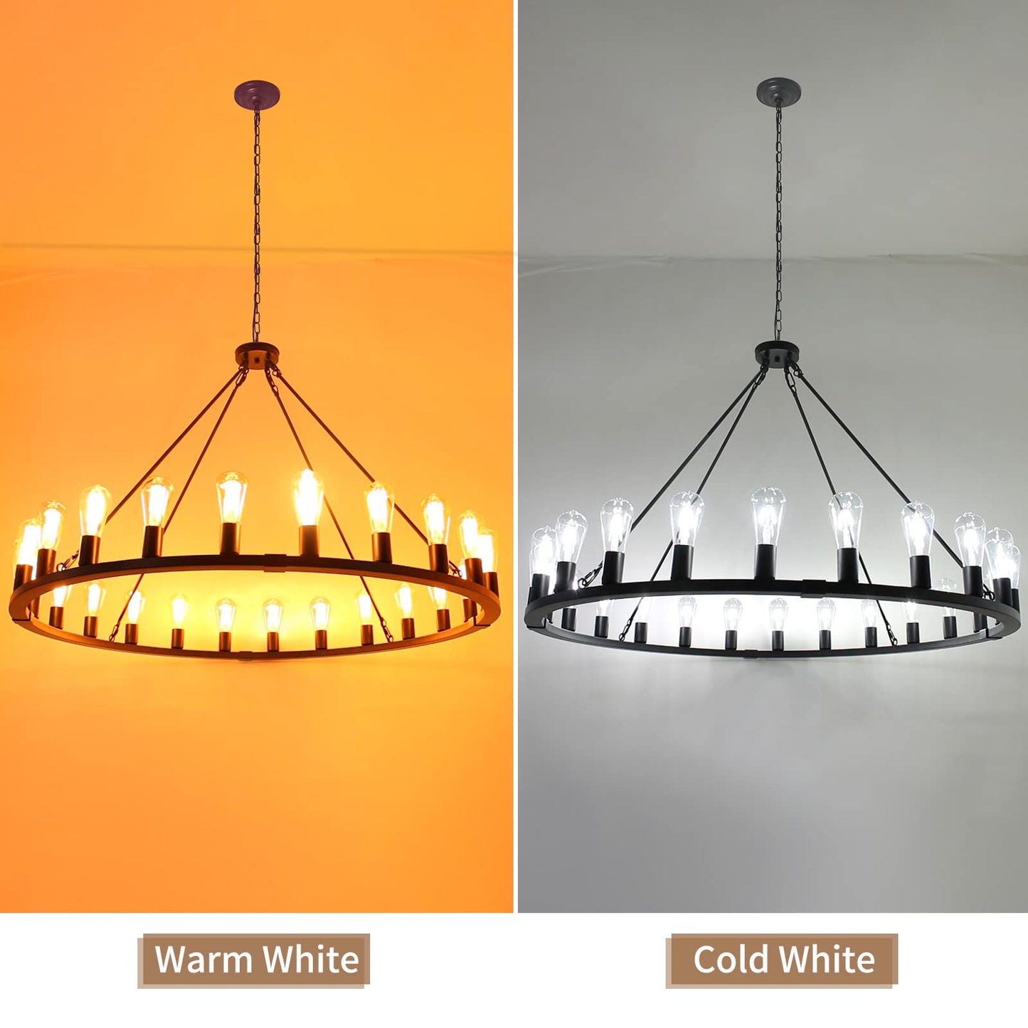Rviezza Wagon Wheel Chandelier 24-Light 48-Inch, Black Round Rustic Farmhouse Chandelier Extra Large for High Ceilings, Dining Room, Living Room
