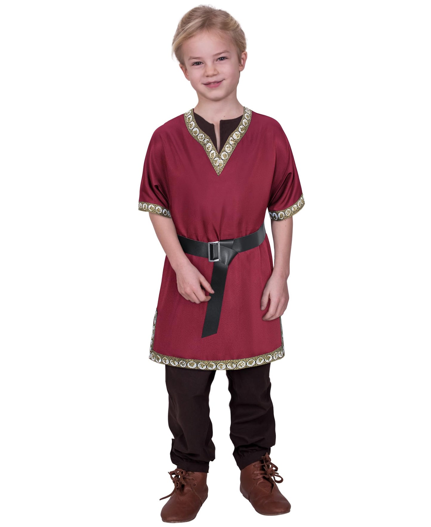 Kids Medieval Costume Boys Viking Tunic Knight Warrior Renaissance Shirts with Belt 8-10 Years Wine