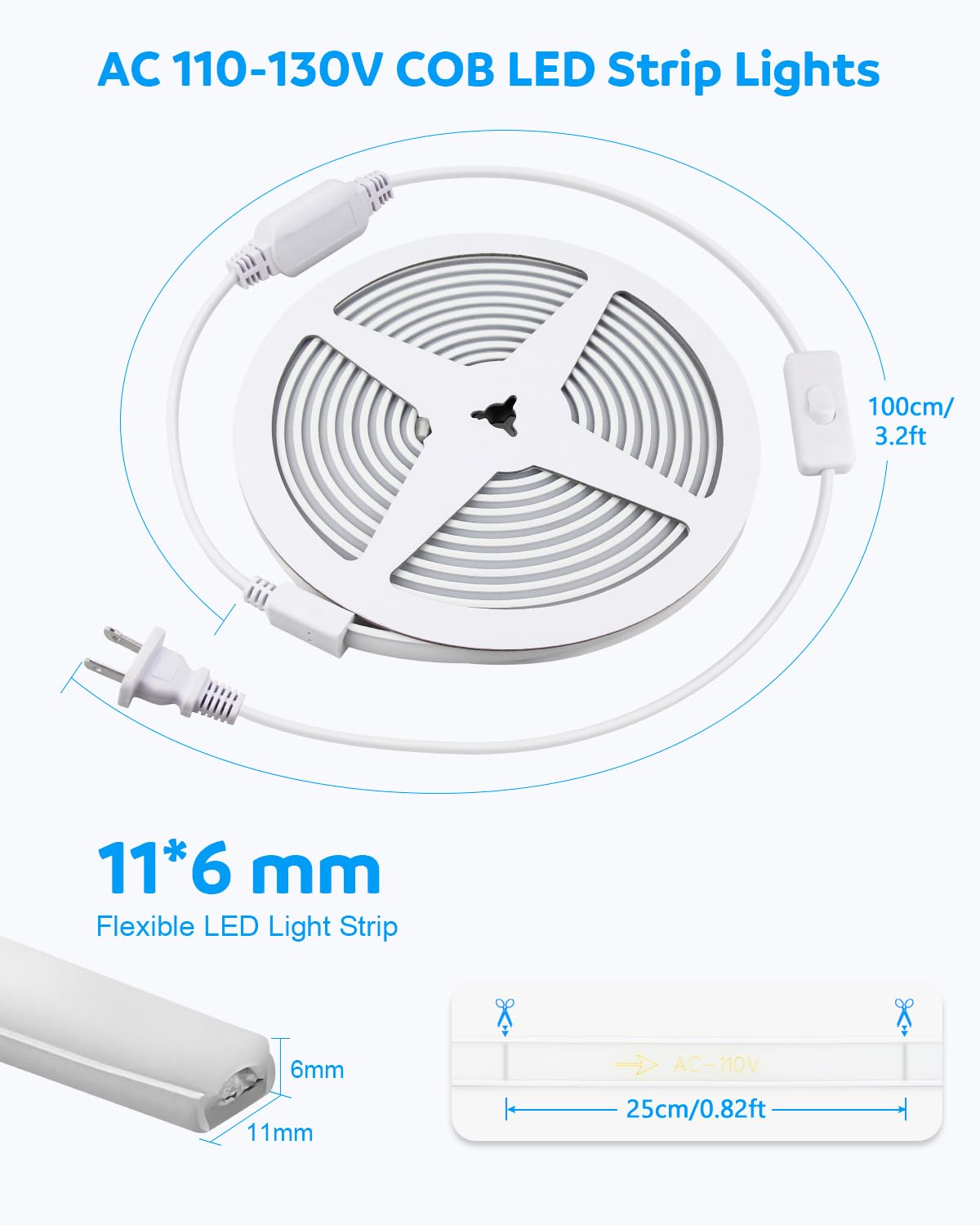 Aclorol COB LED Strip Light 110V 16.4ft/5M Blue LED Strip Lights Outdoor Waterproof IP67 Flexible Rope Lights 288LEDs/M Uniform Glow for Bedroom Hallway Garden Yard Party Christmas Decorations