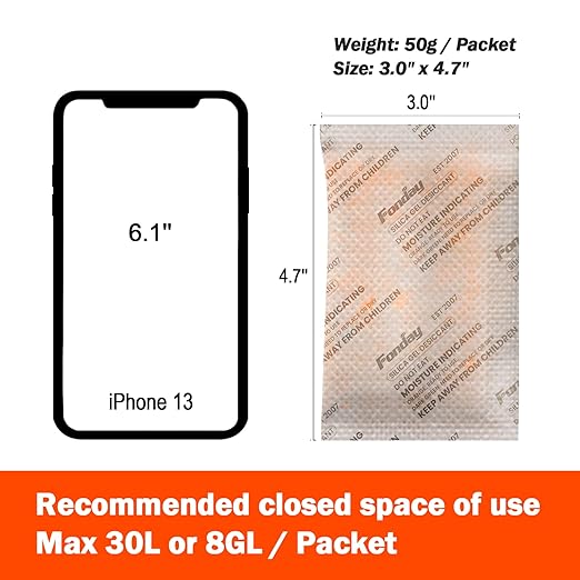 50g x 10 packs Fonday Rechargeable Silica Gel Desiccant Packets Food Grade Fast Reactivate Desiccant Bags Moisture Indicating Orange to Green