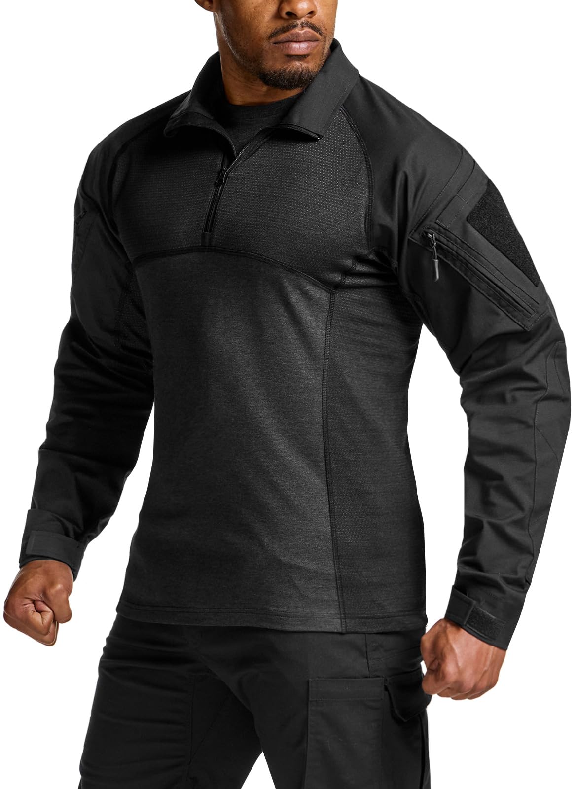 CQR Men's Combat Shirt Tactical 1/4 Zip Long Sleeve Military BDU Shirts Camo EDC Top with Pockets, Raider Black, X-Small