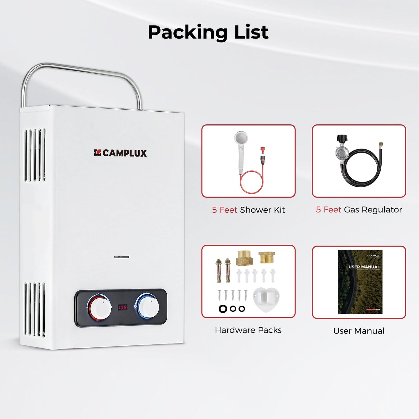 Camplux Pro 6L Portable Tankless Water Heater,Mini Sized Outdoor Propane Gas Water Heater with Portable Handle,Propane Gas Water Heater for RV,Campings,Cabins,Barns,White