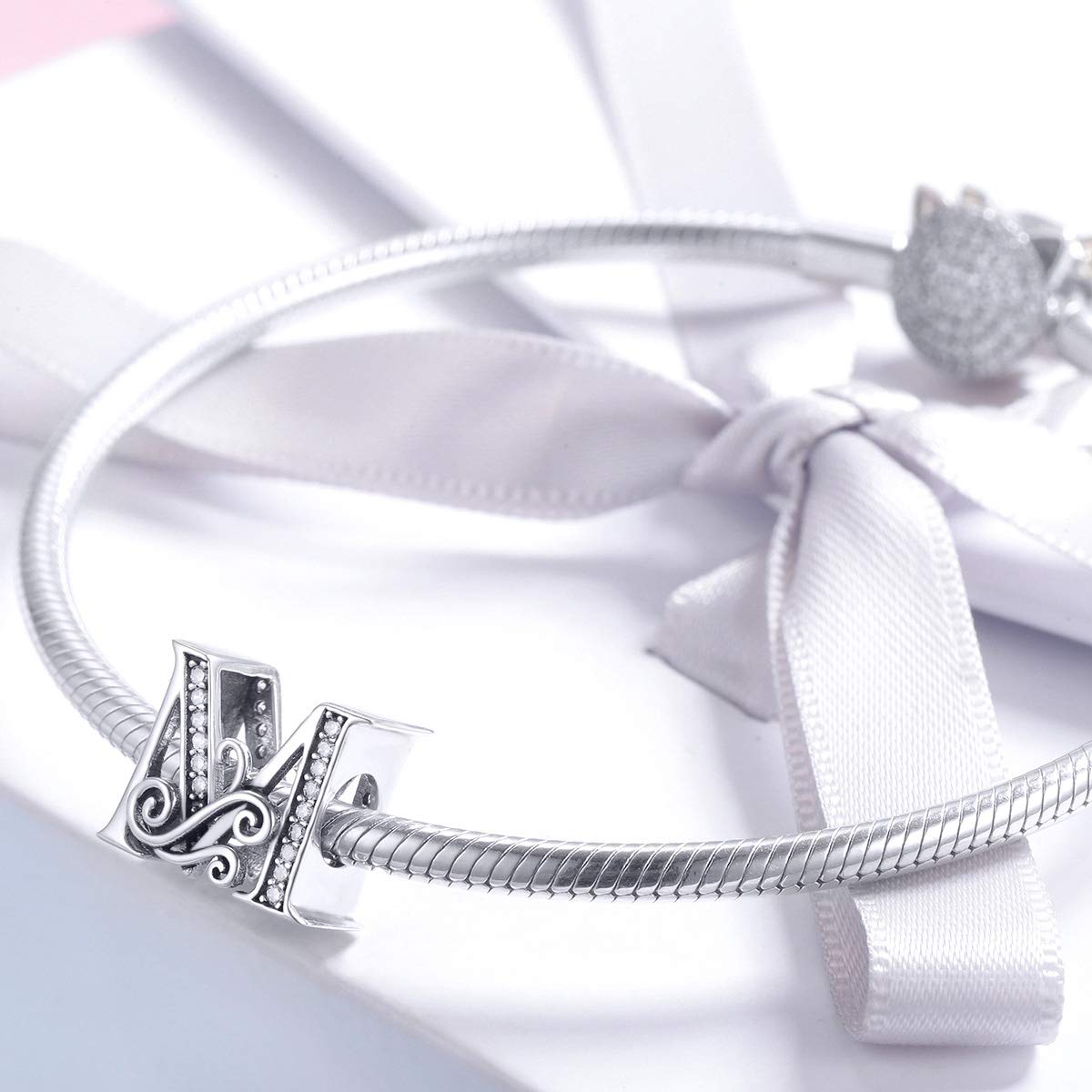 BISAER 925 Sterling Silver Initial Letter M Charms for Bracelets Alphabet Beads Charm Jewelry Gifts