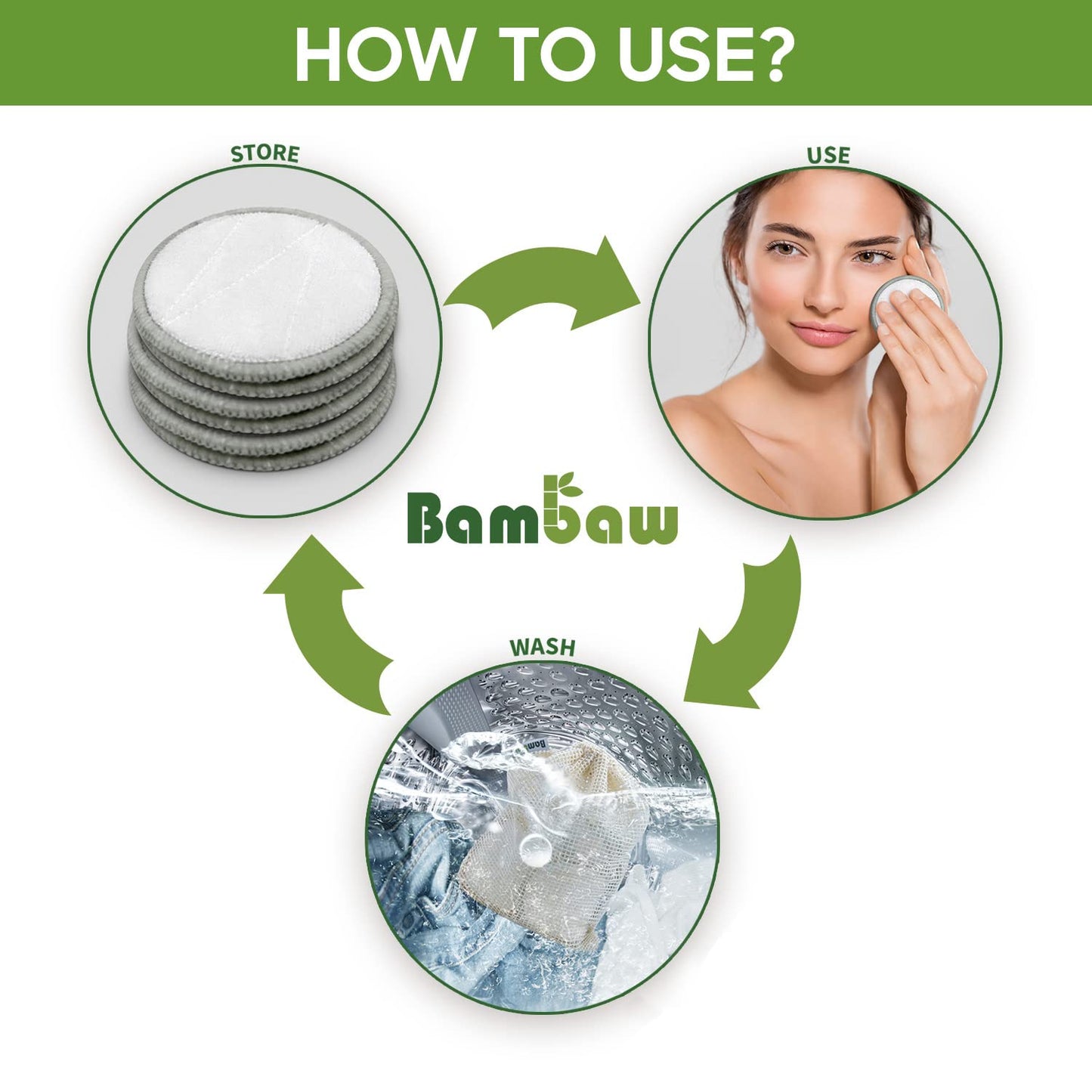 Bambaw Reusable Cotton Rounds for Face, 16 Rounds with 1 Bag for Laundry & Storage, Reusable Cotton Pads for Face, Soft & Exfoliating Eye Makeup Remover Pads