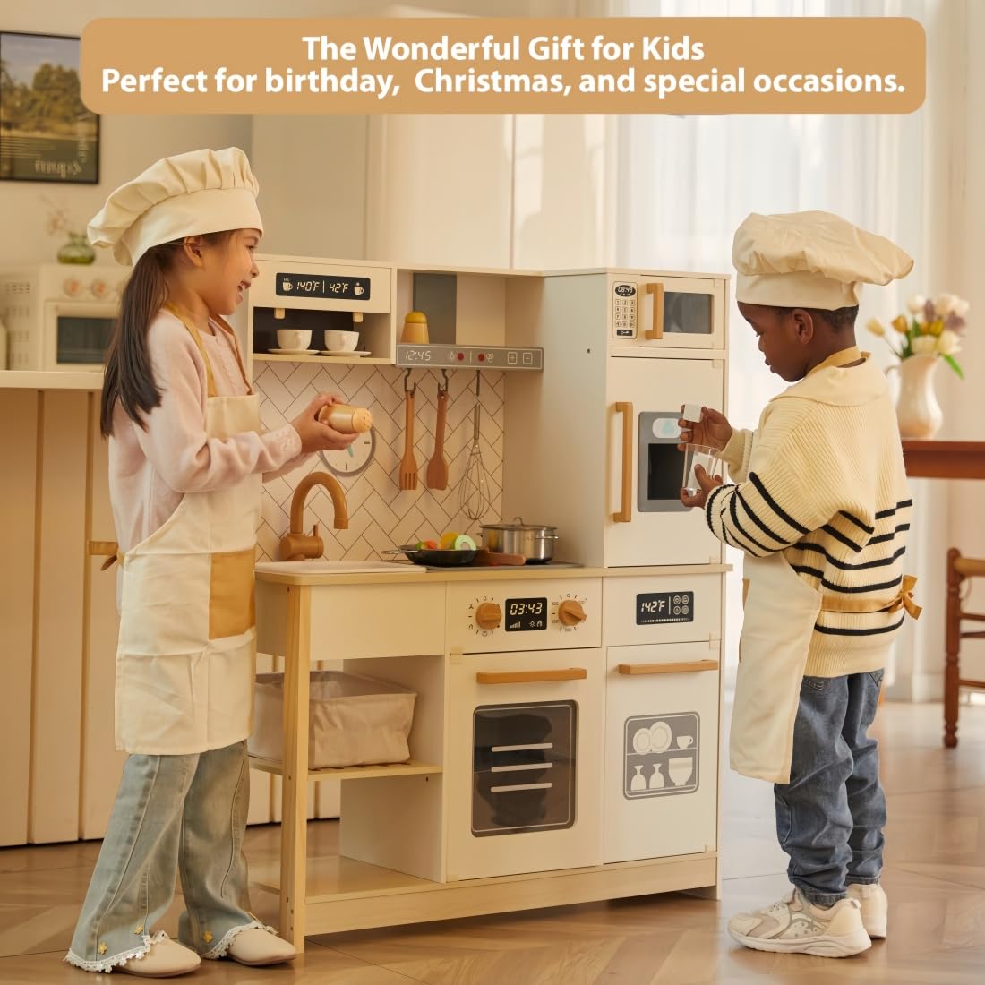 Freniland Wooden Play Kitchen Kids Kitchen Playset with Real Light & Sound Realistic Ice Maker Stove Oven Chef Pretend Toy Kitchen Include 31 Accessories Kids Toy Gift for Child Ages 3+ Toy Furniture