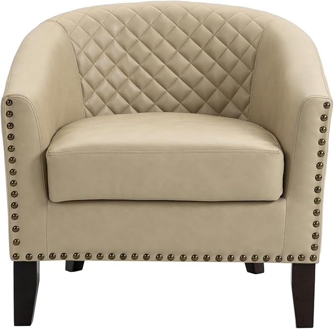 UIXE Faux Leather Barrel Accent Chairs Set of 2, Round Club Chair Modern Upholstered Armchair for Living Room, Comfy Nailed Trim Arm Chair Bedroom Reading Seat - Beige