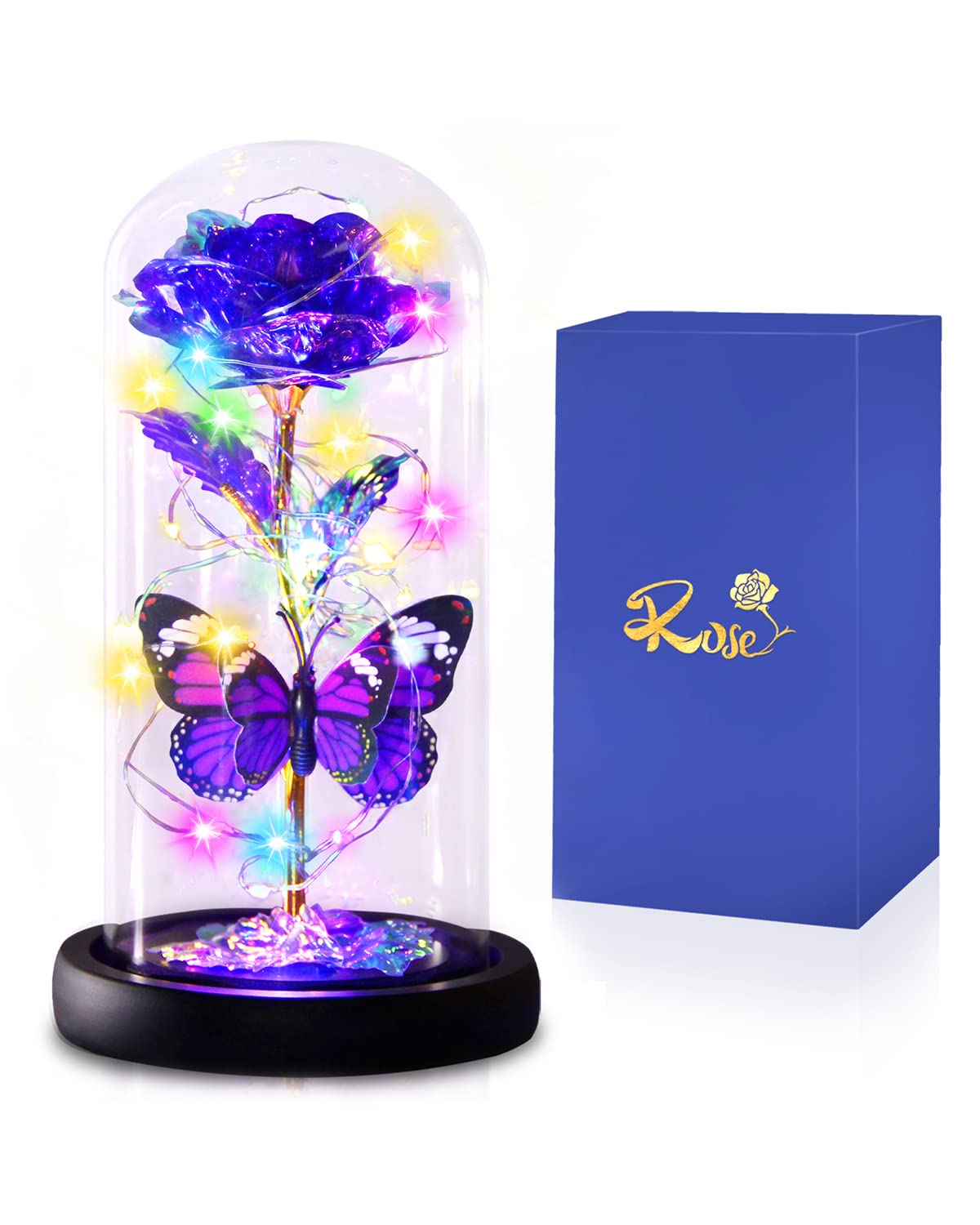 Purple Butterfly Rose Flower Birthday Gifts - Women Gifts for Her Mothers Day Valentines Anniversary Christmas Thanksgiving - Light Up Rose Flower Gifts for Mom Wife Grandma Girlfriend Daughter Sister