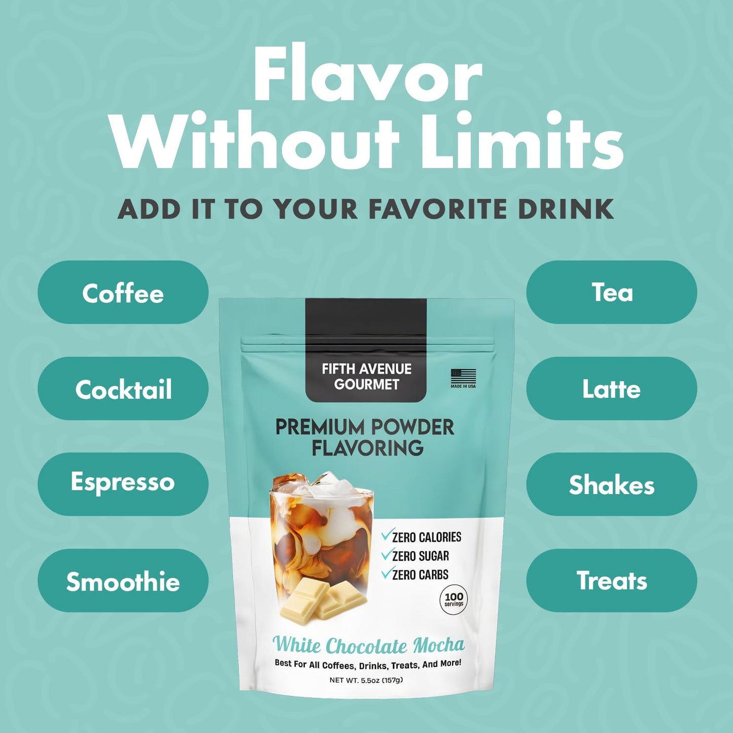 Fifth Avenue Gourmet Premium Powder Flavoring, Zero Sugar & Calories, 157g Powder Flavoring for Coffee, Drinks & Treats, Ideal for Keto & Low-Carb Lifestyles - 100 Servings, White Chocolate Mocha