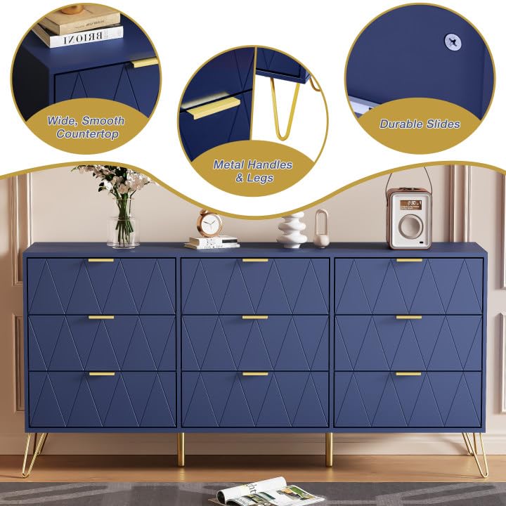 Anbuy Bedroom Sets 3Pcs Navy Blue Modern Nightstand Sets and 9 Drawer Dresser for Bedroom, Two Drawers Nightstand Set of 2 & 9 Drawer Dresser Combo 3 Pieces (Navy Blue)