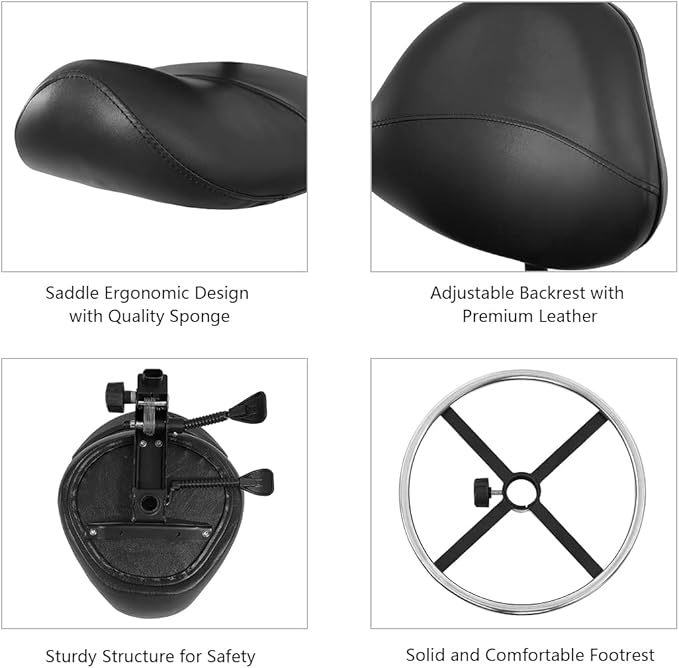 Grace & Grace Professional Saddle Stool Chair with Back Support, Hydraulic Ergonomic Saddle Seat Stool with Wheels for Clinic Dentist Spa Massage Salons Studio (Black, with Foot Rest)