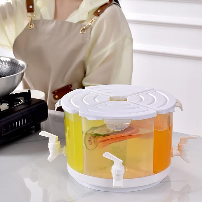 Beverage Dispenser for Fridge, 5.5 L Rotating Plastic Drink Dispenser for Fridge, 4 Compartment Cooler Bottle with Lid and...