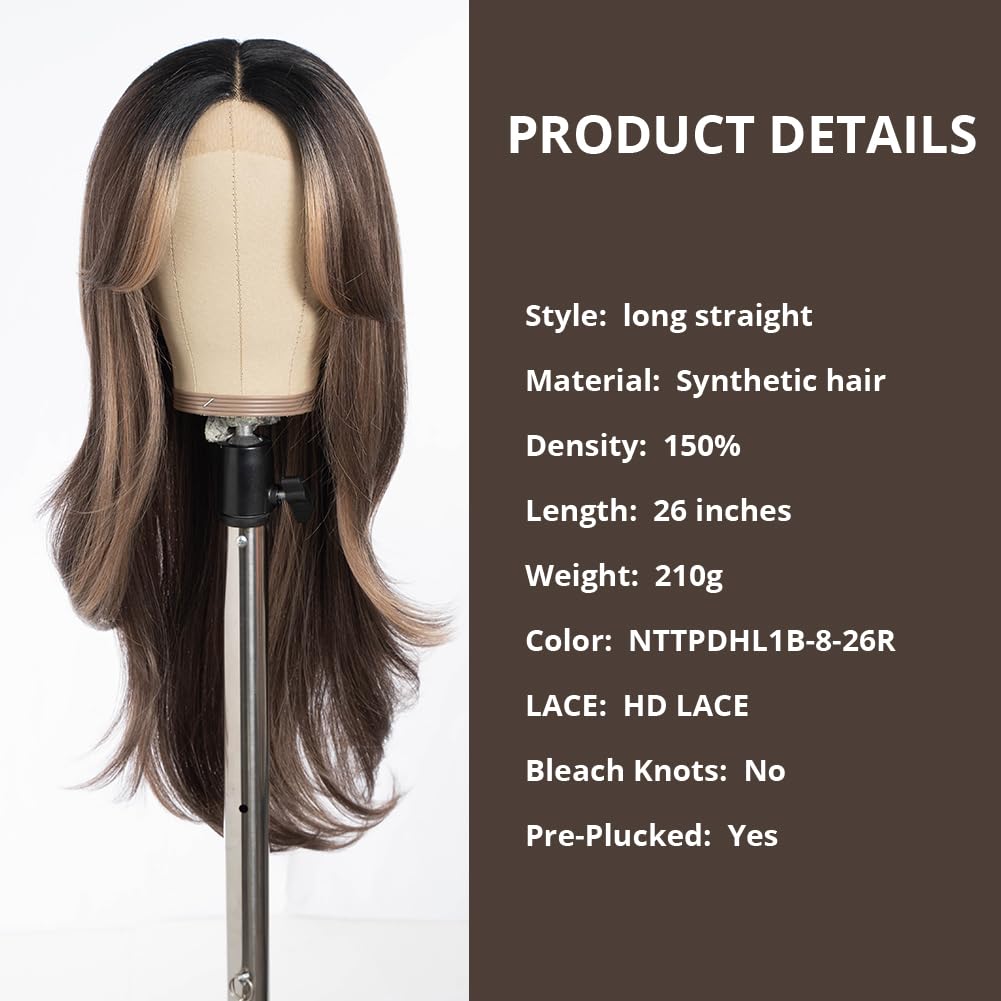 Style Icon 26 Synthetic Lace Front Wigs HD Lace Middle Part Wigs Long Straight Wigs for Women Pre Plucked Wigs with Bangs of Doo