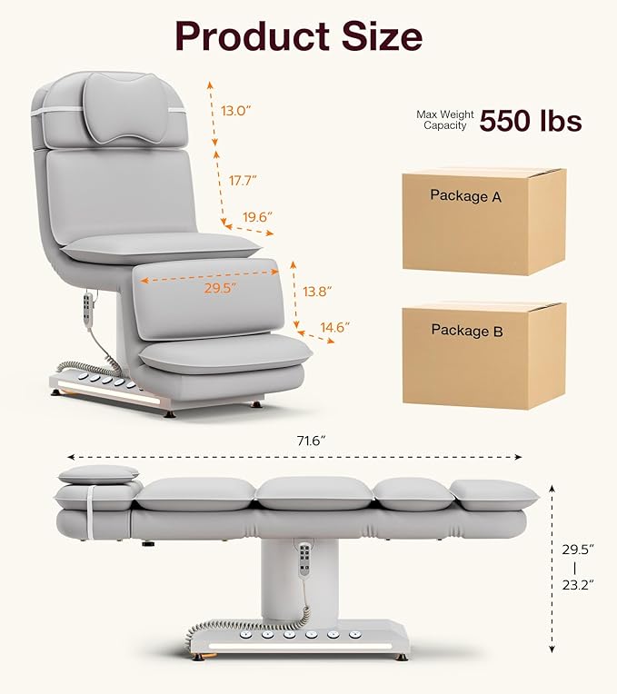 VARONXE Fully Electric Massage Table w/3 Motors, Professional Angle and Height Adjustable Spa Bed Facial Chair, Motorized Esthetician Bed Treatment Table for Beauty Salon, Stool Included, Grey