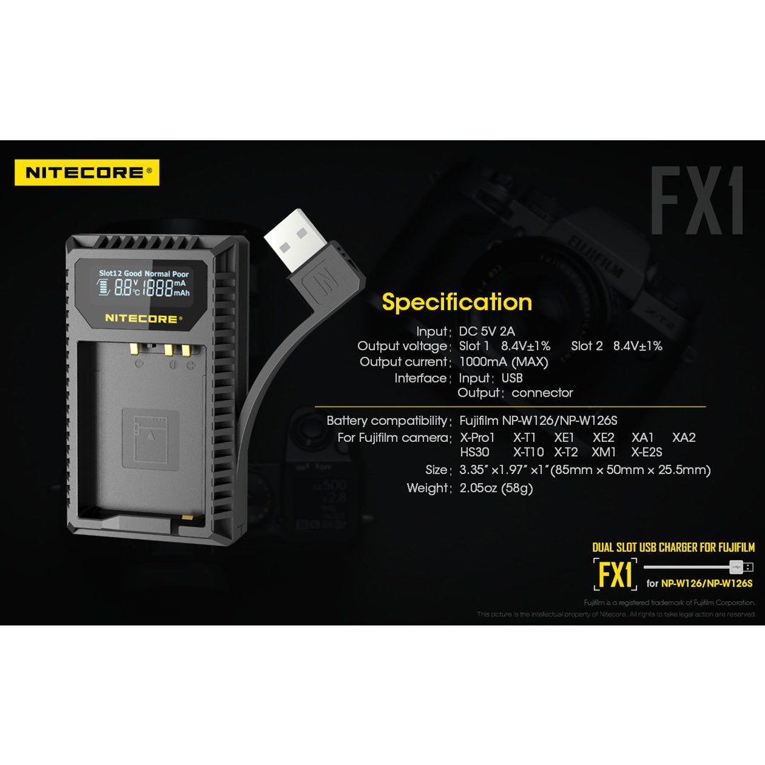 Nitecore Fx1 Digital Usb Camera Battery Charger Compatible With Fujifilm Np-W126 And Np-W126S Batteries