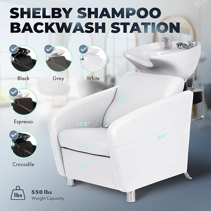 Buy-Rite Shelby Shampoo Backwash Station for Salons - Deep Tilting Porcelain Bowl with Dual Function Nozzle, Extra-Wide Seat, Built-in Vacuum Breaker, Lumbar Support, Modern White Design, YLG-556-WHT