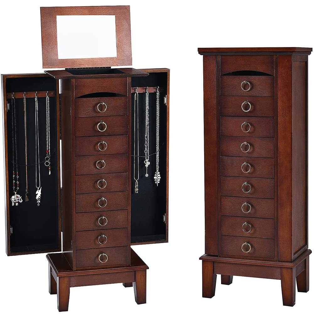 FANTASK Standing Jewelry Armoire Cabinet, Wooden Jewelry Storage Chest w/Flip Top Mirror, 9 Drawers & 2 Side Doors, Bedroom Armoire with Large Storage, Walnut