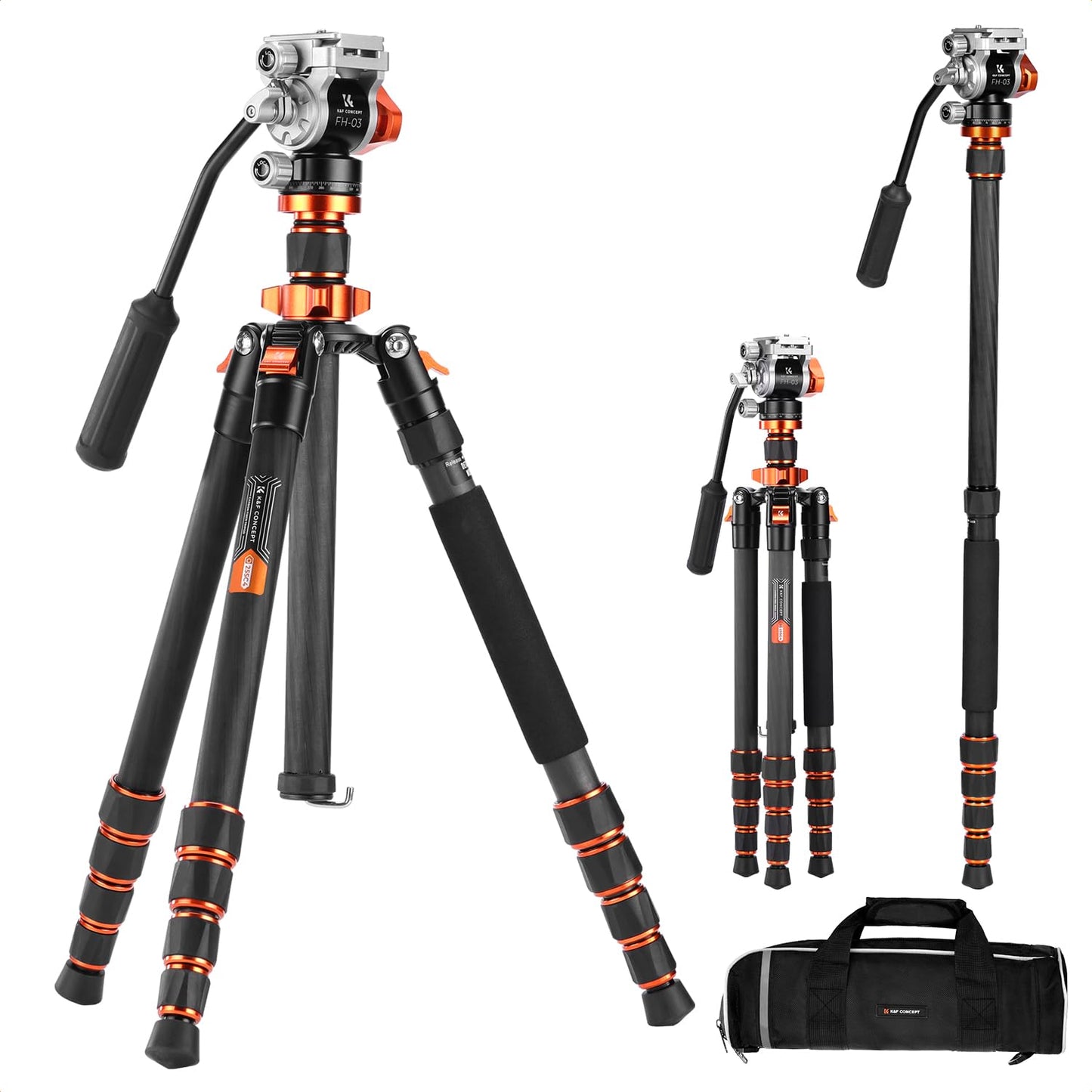 K&F CONCEPT Tripod for Camera，68'' Carbon Fiber Tripod with Fluid Head Max Load 11lb, Lightweight DSLR Camera Tripods & Monopods for Canon Sony Nikon.