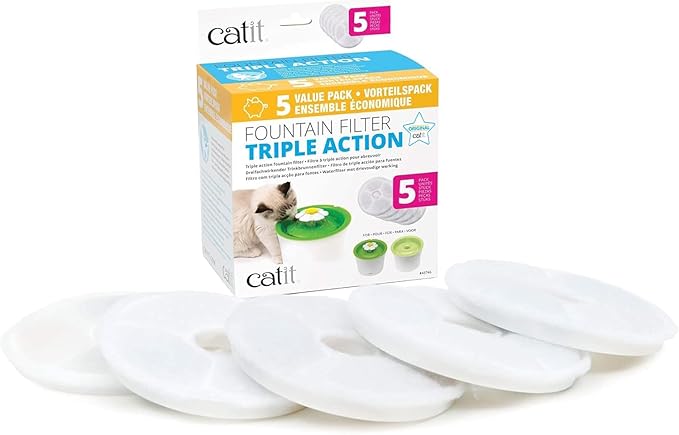 Catit Triple Action Replacement Original Water Fountain Filters, 5 Pack – Official Replacement Filters for Catit Cat Drink...