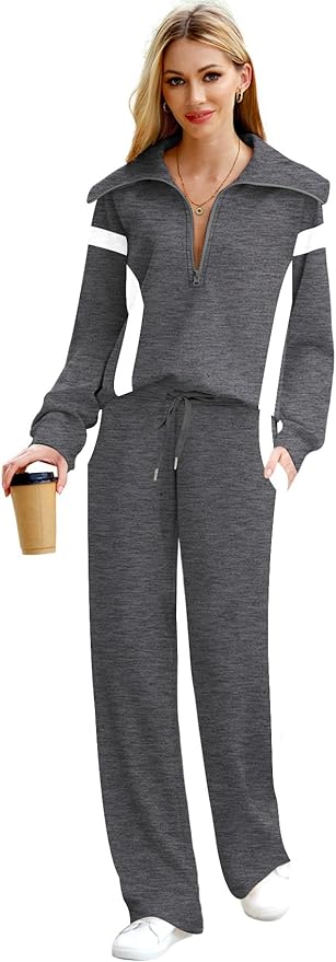 XIEERDUO Lounge Sets For Women 2025 Half Zip Sweatshirt And Wide Leg Sweatpant 2 Piece Outfits Sweatsuit Tracksuit
