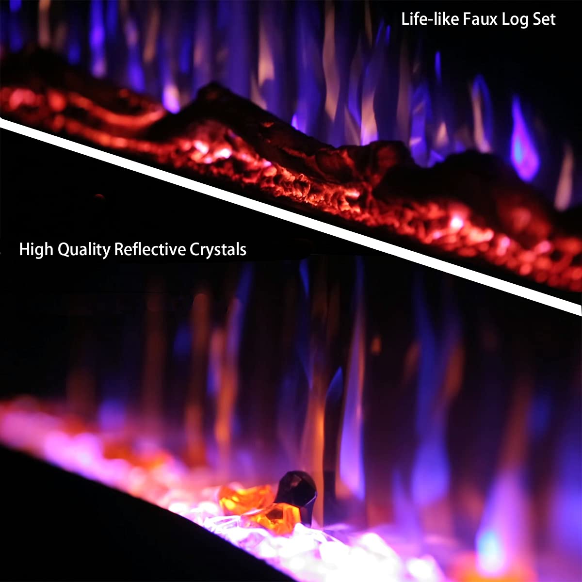Masarflame 60 Recessed Electric Fireplace Insert, 5 Flame Settings, Log Set Or Crystal Options, Temperature Control By Touch Pan
