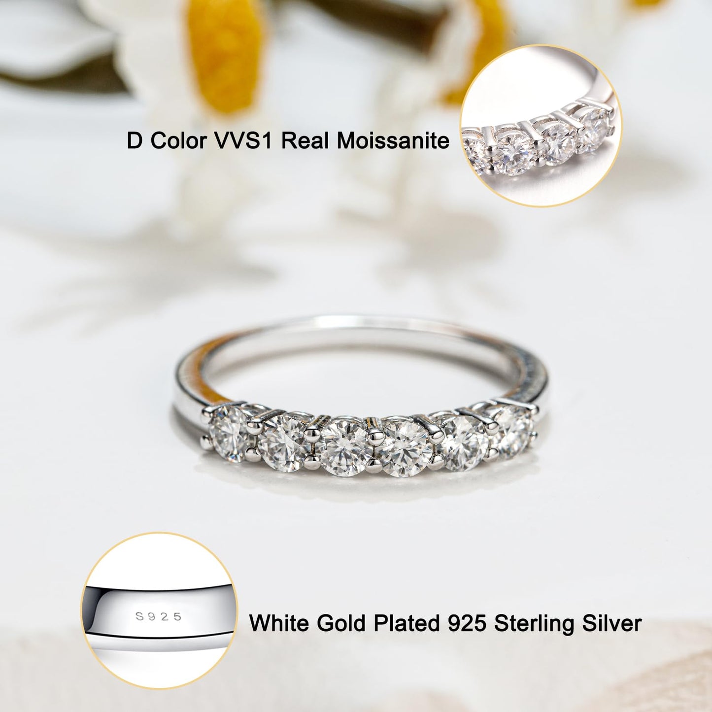 YODEWA Moissanite Wedding Band for Women 6 Real Moissanite Stone 925 Sterling Silver Hypoallergenic 0.6ct DEF Color VVS Lab Crea