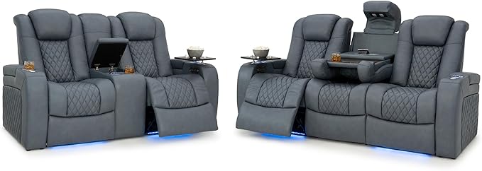 Seatcraft Anthem Italian Leather Sofa w/Fold-Down Table & Loveseat w/Storage Console, Living Room, Power Headrest, Power Recline, Smokey Blue