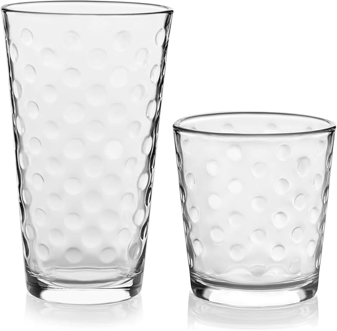 Libbey Awa Tumbler and Rock Glasses Drinking Set, Elegant Polka Dot Drinking Glasses Set of 16, All Purpose Glass Cups Set...