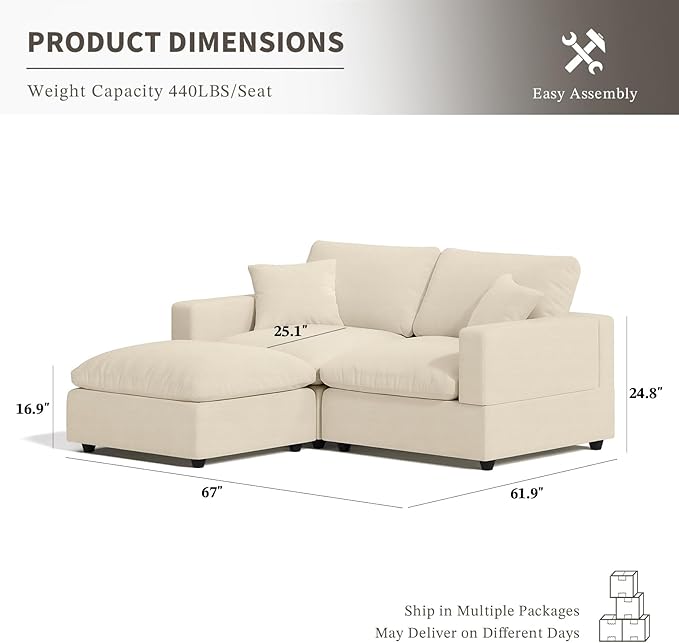 Cloud Couch Modular Sectional Sofa, 67" L Shaped Sectional Couches for Living Room, Down Filled Wide & Deep Seat Cloud Sofa with Ottoman, Removable Washable Cushion Cover & Backrest Pillow Cover