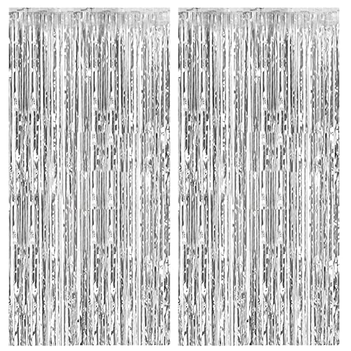 2 Pack Foil Curtain Backdrop Silver Metallic Tinsel Foil Fringe Curtains Photo Booth Props for Birthday Wedding Engagement...