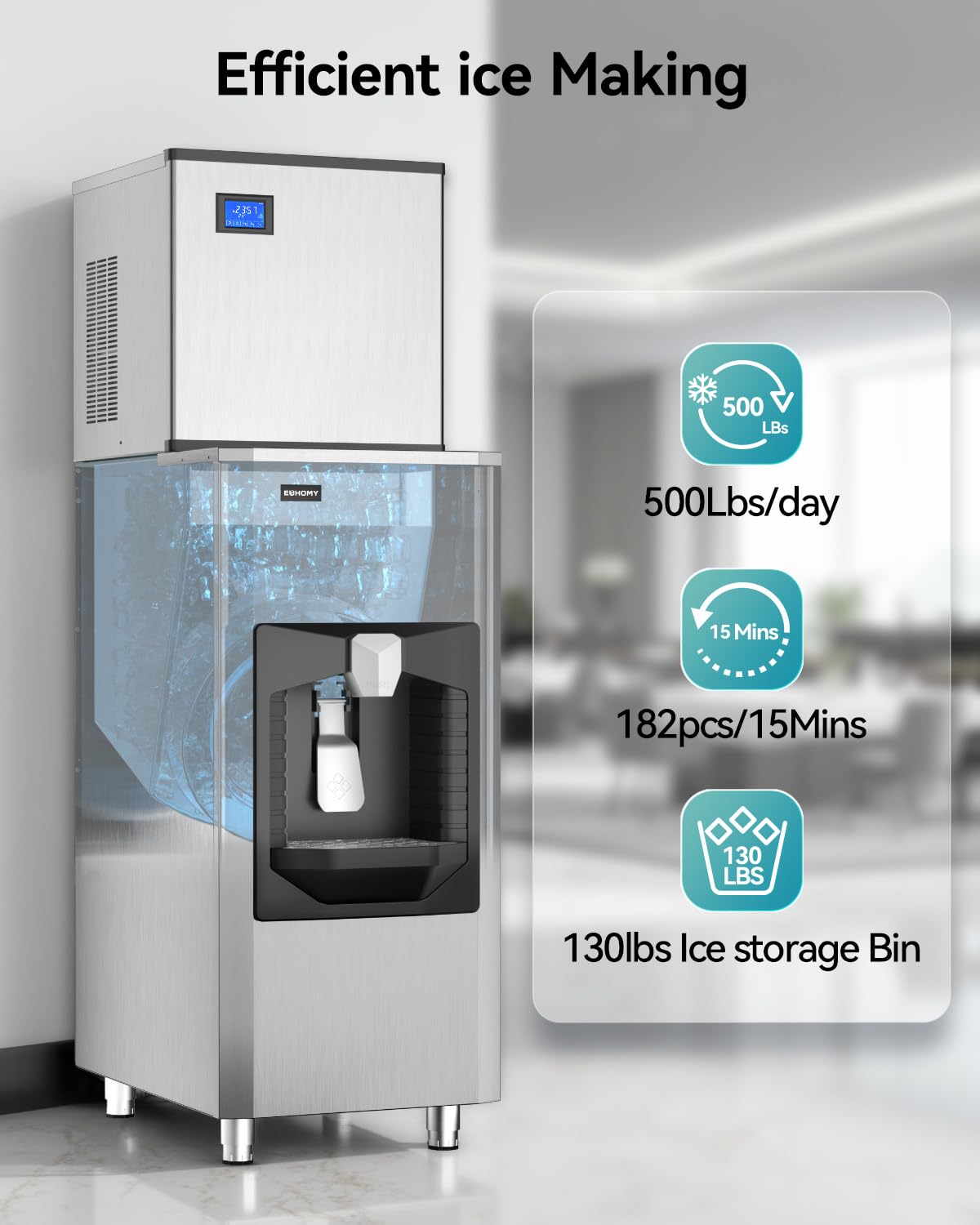 EUHOMY Commercial Ice Maker Machine 500Lb/24H, Ice Ready in 10-15 min,SECOP Compressor, Industrial Ice Machine with 130Lbs Automatic Ice Bin Dispenser, Ice Maker Machine for Hotel/Restaurant/Business